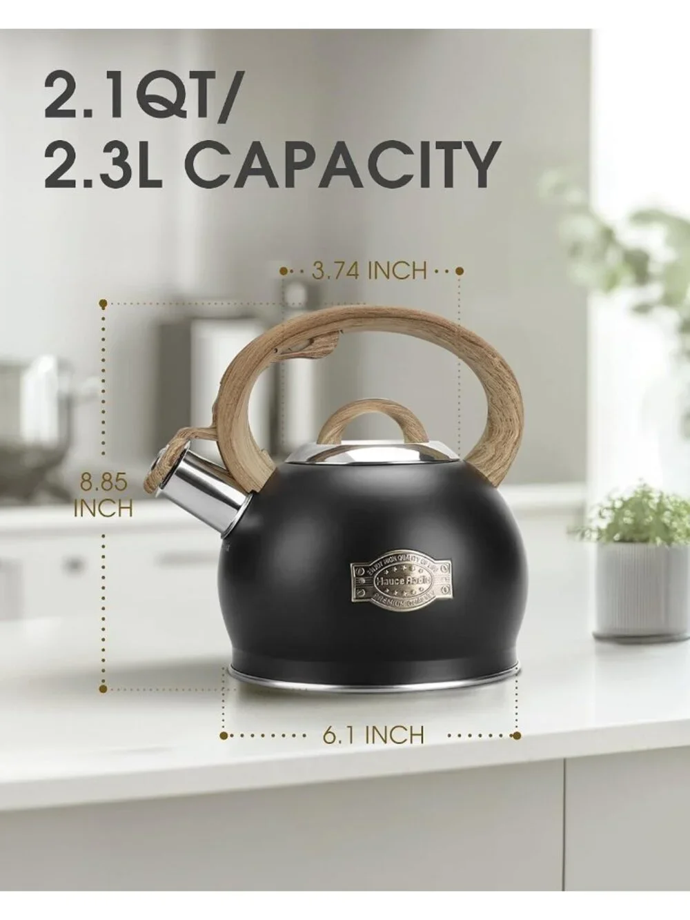 Black Whistling Tea kettle 2.1 Quart Stainless Steel Stovetop with Wood Handle
